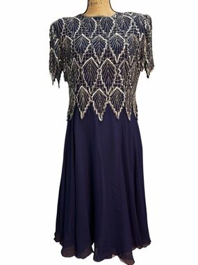 Laurence Kazar Vintage Silk Navy Midi Dress Silver Beads and Sequins. EC. Medium